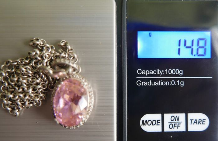 Vintage Sterling Silver 925 PINK OVAL CRYSTAL PENDANT NECKLACE Pea Chain traditional necklace length 20" - 14,8g