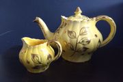 Vintage Arthur Wood Teapot and Matching Milk Creamer in a Gilt Pattern of Leaves and Spots on a Sunshine/Banana Yellow Glazed Background, in the Prince Shape