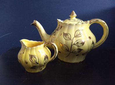 Vintage Arthur Wood Teapot and Matching Milk Creamer in a Gilt Pattern of Leaves and Spots on a Sunshine/Banana Yellow Glazed Background, in the Prince Shape
