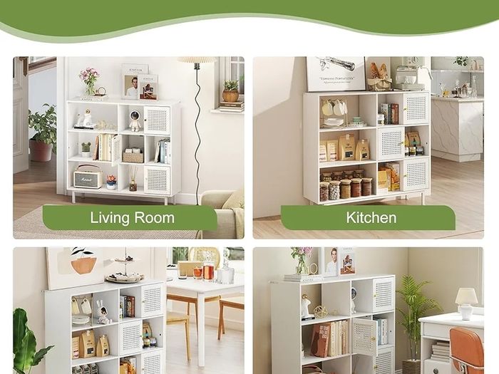 Rattan Bookcase, Storage Sideboard Cabinet with Metal Legs, Wooden Bookshelf with 3 Door, 6 Open Compartments, Freestanding Display Rack for Living Room, Study,102x29x96cm(White)