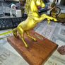 Beautiful Heavy Brass Rearing Horse Sculpture Mounted on a Wooden Base, Commemorating a Winner of a Gold Cup The engraved text indicates an event date of October 15, 1992 15.10.92, Postage Available Image 3