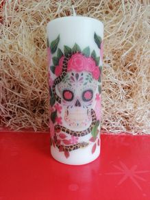 XL Brand new decorative autumn halloween pillar candle with sugar skull / calavera skull