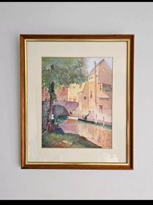 Continental Canal Scene Oil On Card