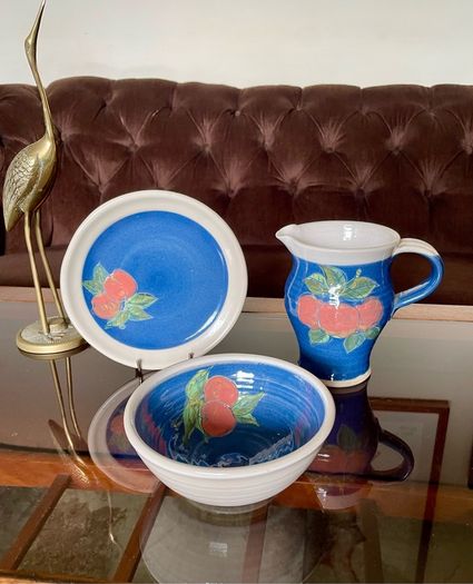 Vintage R and J Forrester Bandon Pottery Ireland Jug Sugar Bowl Plate Cobalt Blue Fruits Design