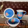 Vintage R and J Forrester Bandon Pottery Ireland Jug Sugar Bowl Plate Cobalt Blue Fruits Design Image 3