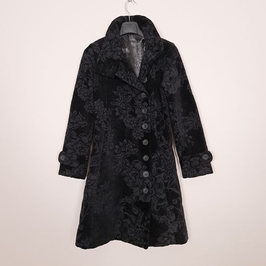 Desigual Black Velvet Embossed Floral Pattern High Neck Longline Coat 8UK/36EU