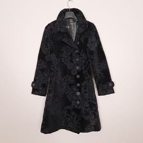 Desigual Black Velvet Embossed Floral Pattern High Neck Longline Coat 8UK/36EU