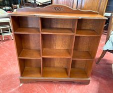 Large Wooden 9-Compartment Bookcase / Display Shelving Unit with Carved Crest