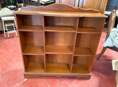 Large Wooden 9-Compartment Bookcase / Display Shelving Unit with Carved Crest