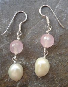 Sterling Silver,Rose Quartz, Pearl Earrings, New, Handmade