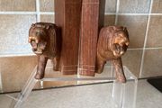 Handcarved Wooden Roaring Lions Bookends