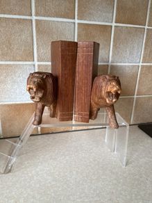 Handcarved Wooden Roaring Lions Bookends