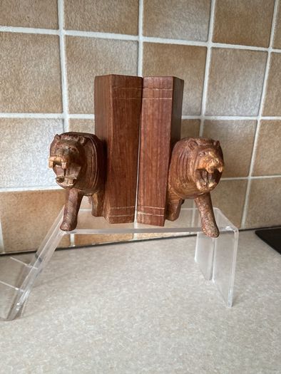 Handcarved Wooden Roaring Lions Bookends