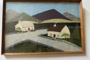 Vintage mid-century Irish tweed &amp; wool collage landscape with thatched cottages