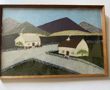 Vintage mid-century Irish tweed & wool collage landscape with thatched cottages
