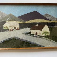 Vintage mid-century Irish tweed & wool collage landscape with thatched cottages