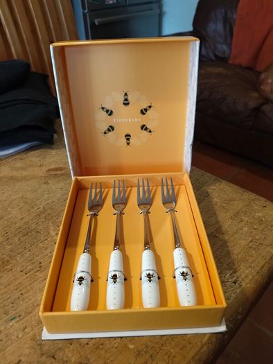 set of four Bee Dessert Forks is by Tipperary Crystal. new in box