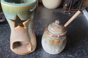 Ceramic Tealight Holder and Mustard Pot with Wooden Spoon