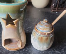 Ceramic Tealight Holder and Mustard Pot with Wooden Spoon