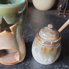 Ceramic Tealight Holder and Mustard Pot with Wooden Spoon