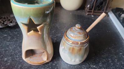 Ceramic Tealight Holder and Mustard Pot with Wooden Spoon