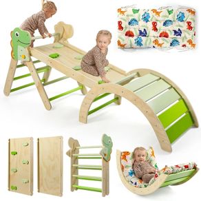 Climbing Frame with Soft Cushion, 7 in 1 Foldable Indoor Climbing Frame, Montessori Baby Toddler Climbing Toys Indoor, Climber Indoor Set with Arch, Ramp, Ladder (Dinosaur)