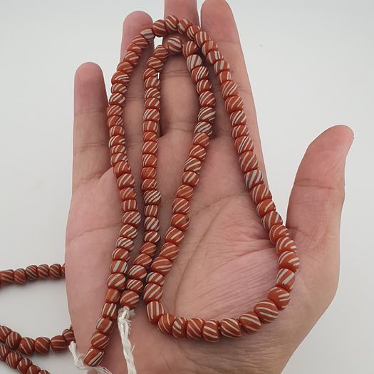 Vintage African white Stripe Orange 7.1mm - 7.5mm Glass Beads Necklace