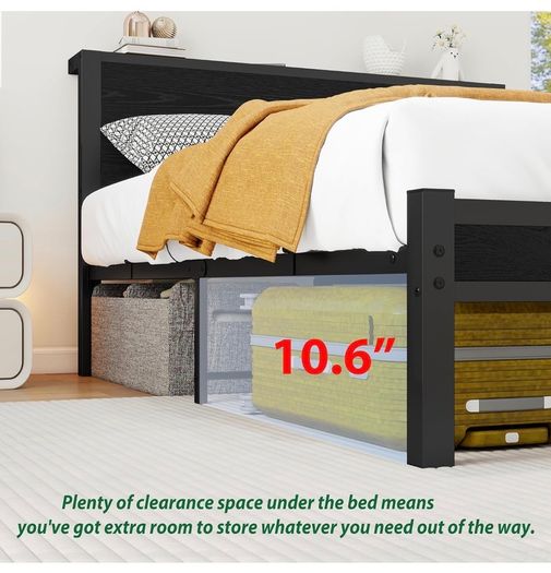 Double Bed Frame with Wooden Storage Shelf Headboard, Metal Platform Bed Frame Double Bed, No Box Spring Needed, Enhanced Support, Black