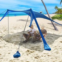 Beach Tent Sun Family Shelter with 2 Aluminum Poles UPF50+ with Sand Shovel, Ground Pegs and Stability Poles, Pop Up Outdoor Shade for Camping Trips, Fishing, Backyard Fun or Picnic