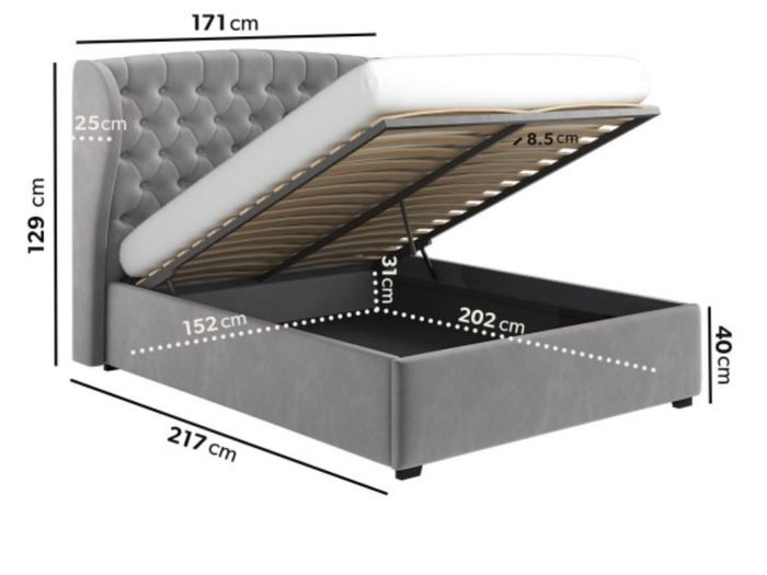 Grey Velvet King Size Ottoman Bed with Winged Chesterfield Headboard - Safina