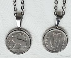 Ireland coin pendant necklaces x 2 with old vintage Ireland threepence coins in a pendant with a silver coloured chain FREE STANDARD POSTAGE INCLUDED