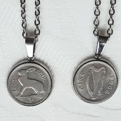 Ireland coin pendant necklaces x 2 with old vintage Ireland threepence coins in a pendant with a silver coloured chain FREE STANDARD POSTAGE INCLUDED