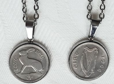 Ireland coin pendant necklaces x 2 with old vintage Ireland threepence coins in a pendant with a silver coloured chain FREE STANDARD POSTAGE INCLUDED