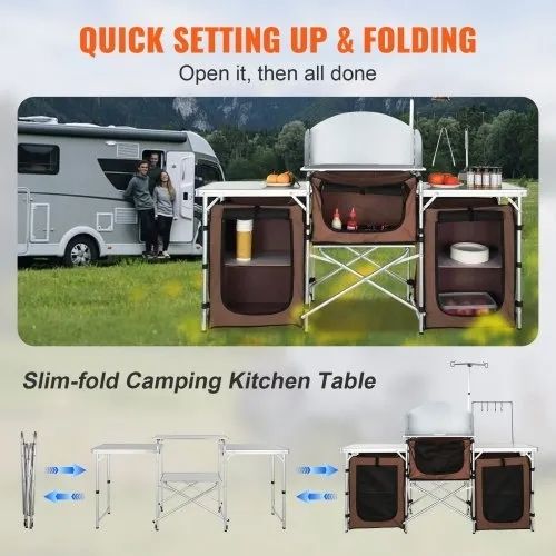 Folding Outdoor Cooking Table with Storage Carrying Bag, Aluminum Cook Station 3 Cupboard & Detachable Windscreen, Quick Set-up for Picnics, BBQ, RV Traveling, Brown