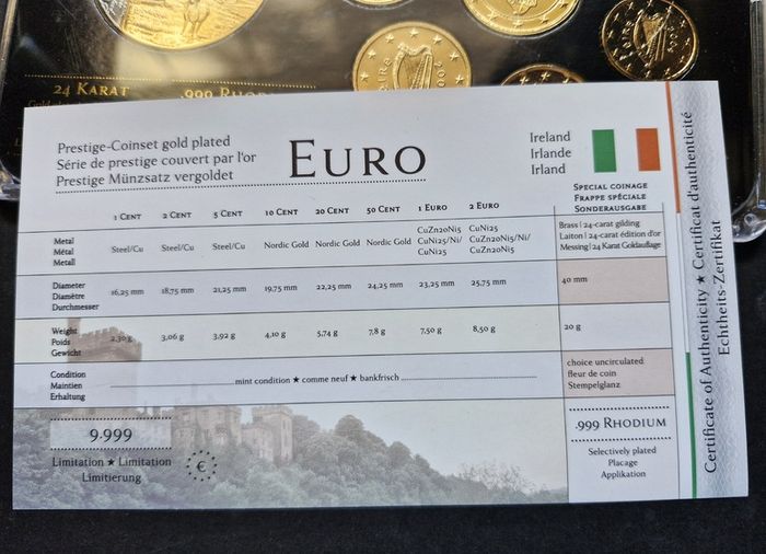 Prestige Ireland .999 Rhodium and 24k Gold Plated Coin Set 2002 + Proof Medal UNC Only 9,999 Set's