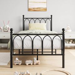 Single Metal Bed Frame 90 x 190 cm with Headboard and Footboard Heavy Duty Foundation,Metal Slat Support, Black