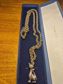 Vintage Stamped Sterling Silver Heavy Elaborate Chain and Cat Pendant