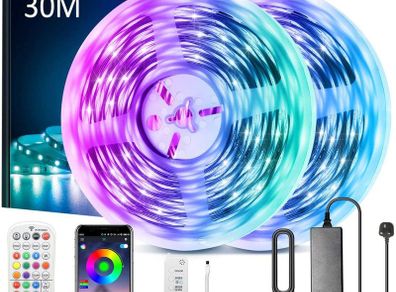 30M LED Strip Lights, CGN Bluetooth 100FT Music Sync Smart LED Strip With Remote 5050 RGB Colour Changing Decorative Dimmable Light Strips Multimode Ambient Mood Lighting for Bedroom TV Backlight