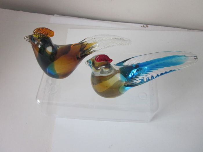 Pair of Hand Blown Multicoloured Art Glass Rooster Figurines