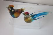 Pair of Hand Blown Multicoloured Art Glass Rooster Figurines
