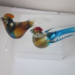 Pair of Hand Blown Multicoloured Art Glass Rooster Figurines