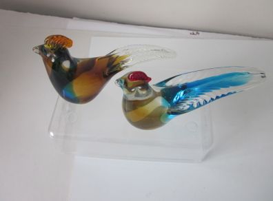 Pair of Hand Blown Multicoloured Art Glass Rooster Figurines