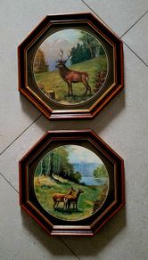 Vintage pair of hexagnol framed deer prints