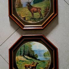 Vintage pair of hexagnol framed deer prints