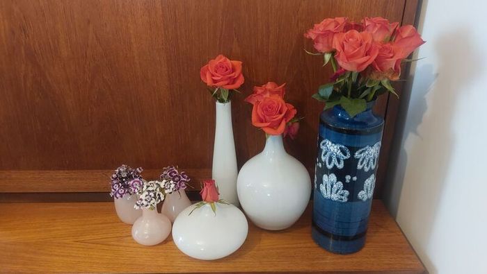 Lovely Set of Three Small Vintage Hand-Blown Glass Bud Vases in Pale Pink from Circa 1990
