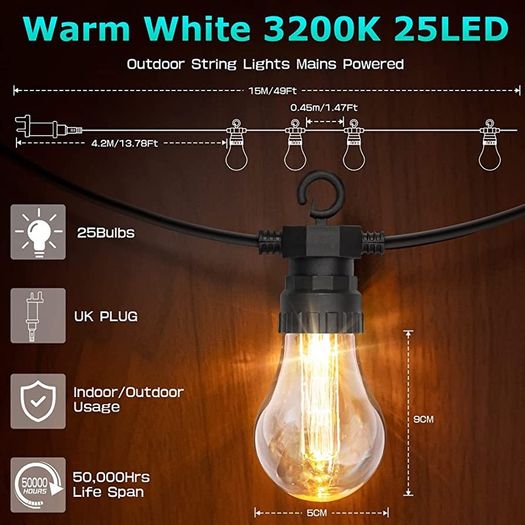 15M/49FT Romote Control Outdoor String lights Mains Powered with 25LED Shatterproof Bulbs, 8 Modes Waterproof Garden String Lights for Indoor Outside Wedding Patio Party (FREE POSTAGE)