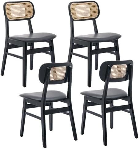 set of 4, wood, kitchen chairs, PU leather upholstered Rattan