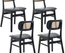 set of 4, wood, kitchen chairs, PU leather upholstered Rattan