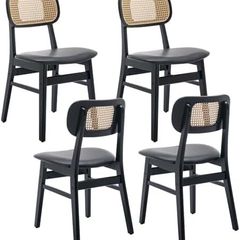 set of 4, wood, kitchen chairs, PU leather upholstered Rattan