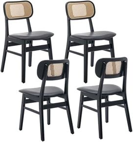 set of 4, wood, kitchen chairs, PU leather upholstered Rattan